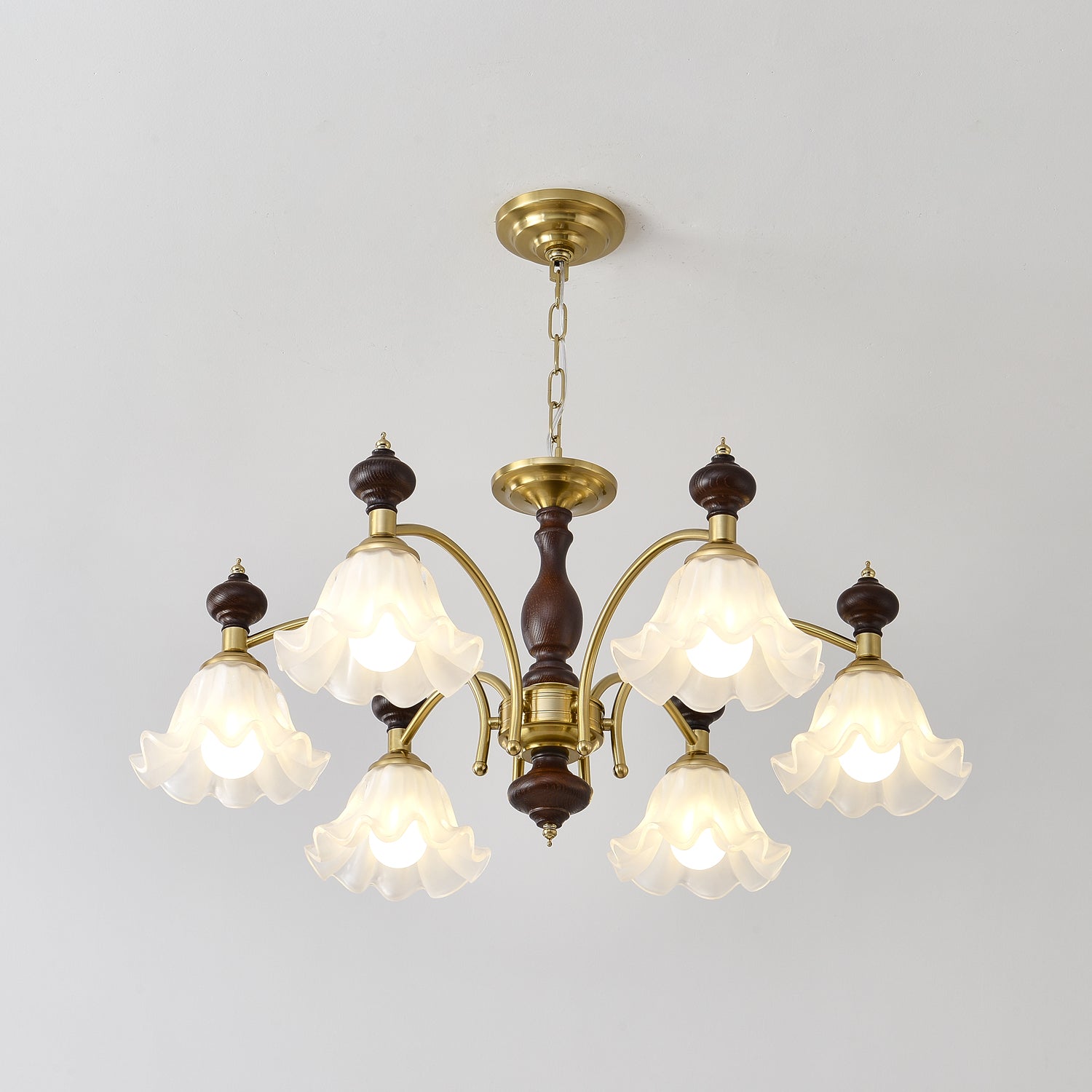 Jesolan Chandelier Wood & Brass Blossom Flowers-Neutral Decor
