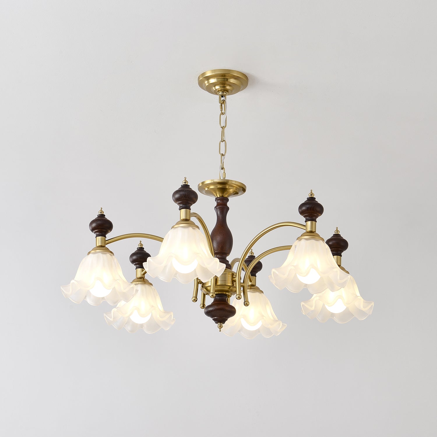 Jesolan Chandelier Wood & Brass Blossom Flowers-Neutral Decor