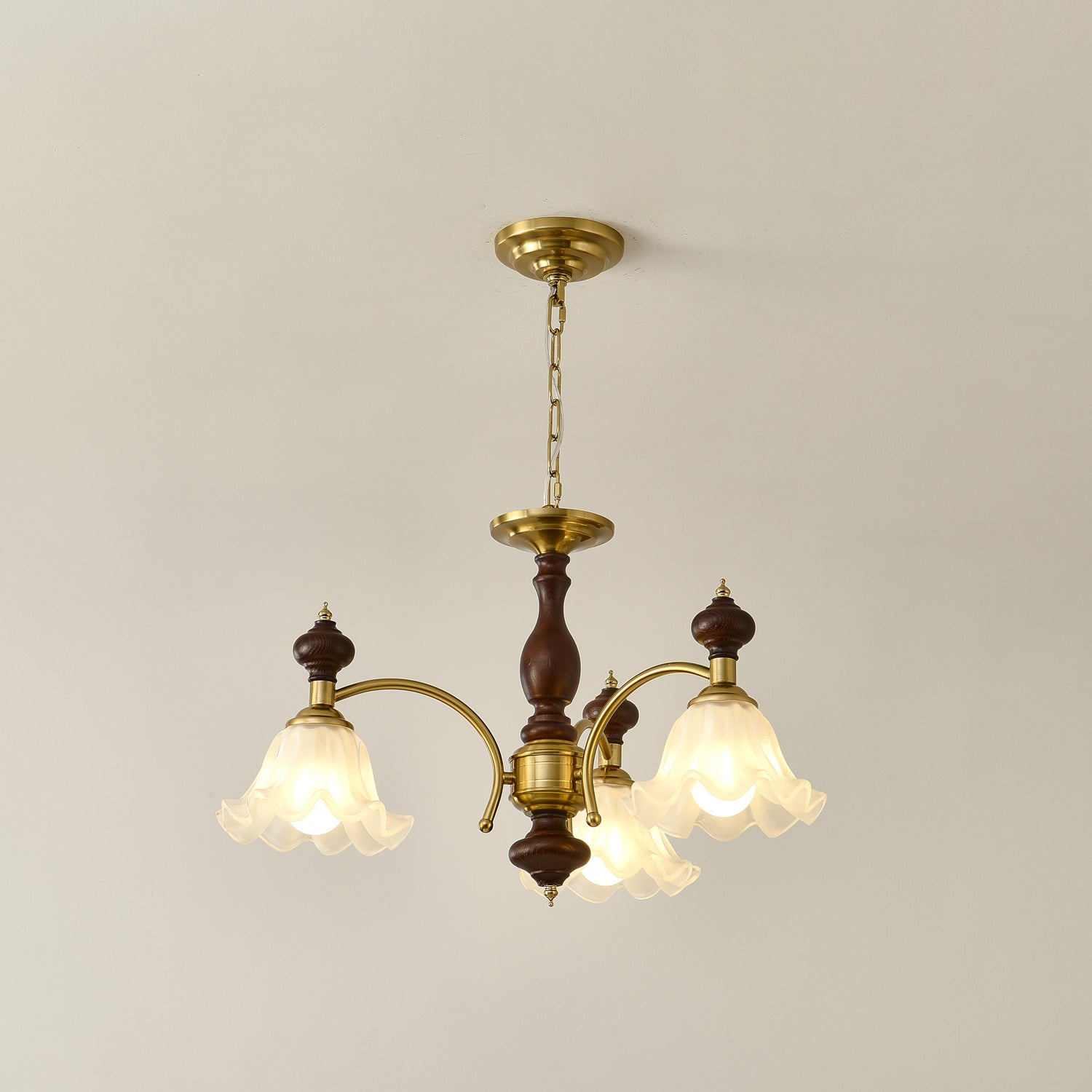 Jesolan Chandelier Wood & Brass Blossom Flowers-Neutral Decor