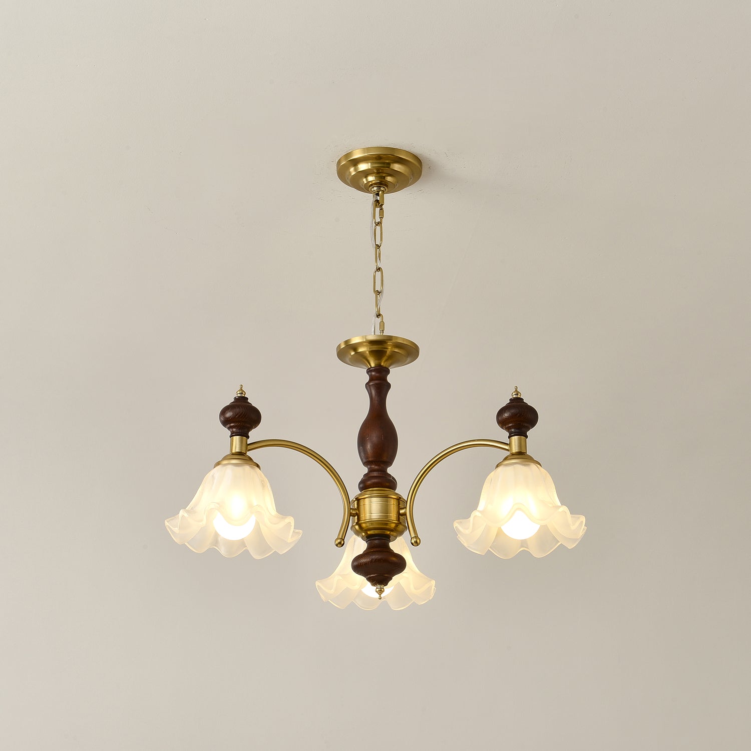 Jesolan Chandelier Wood & Brass Blossom Flowers-Neutral Decor