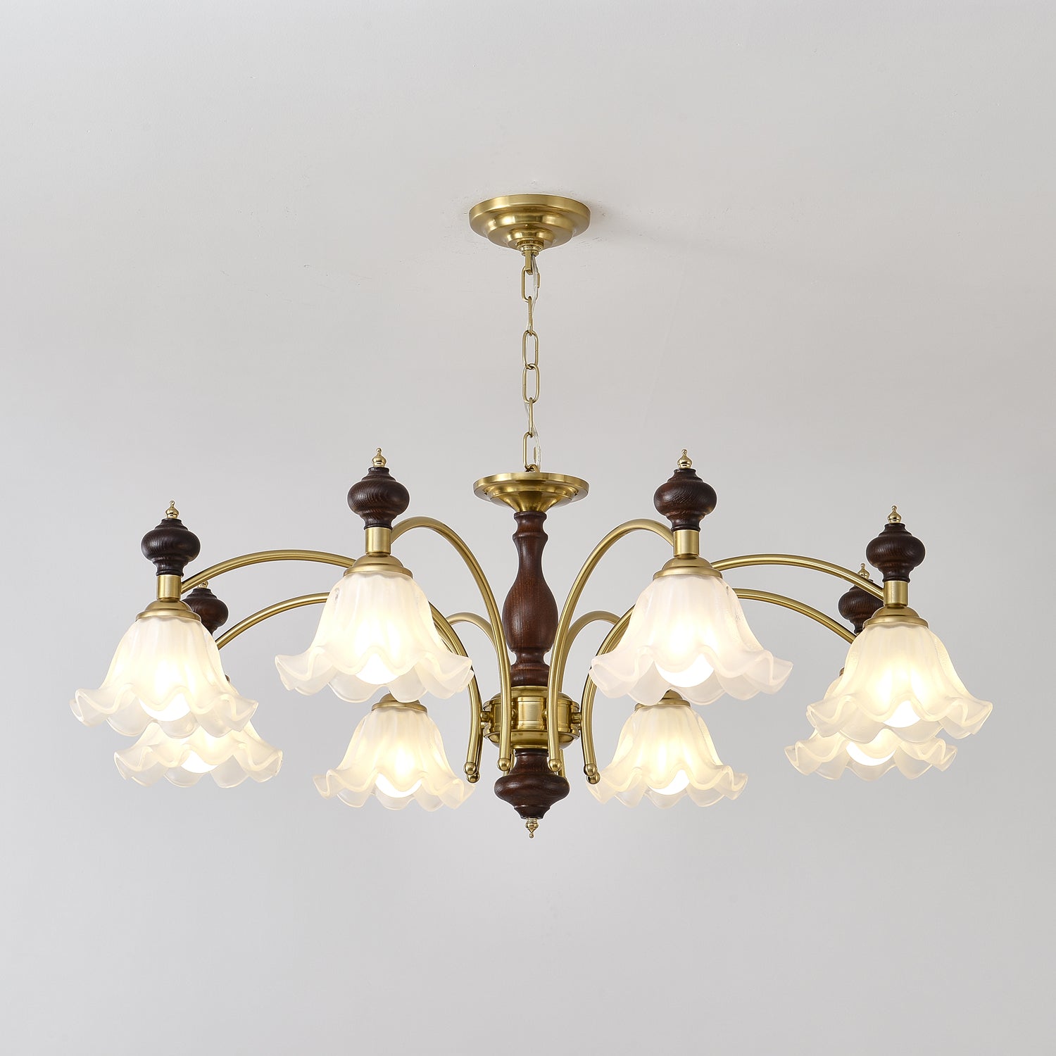 Jesolan Chandelier Wood & Brass Blossom Flowers-Neutral Decor