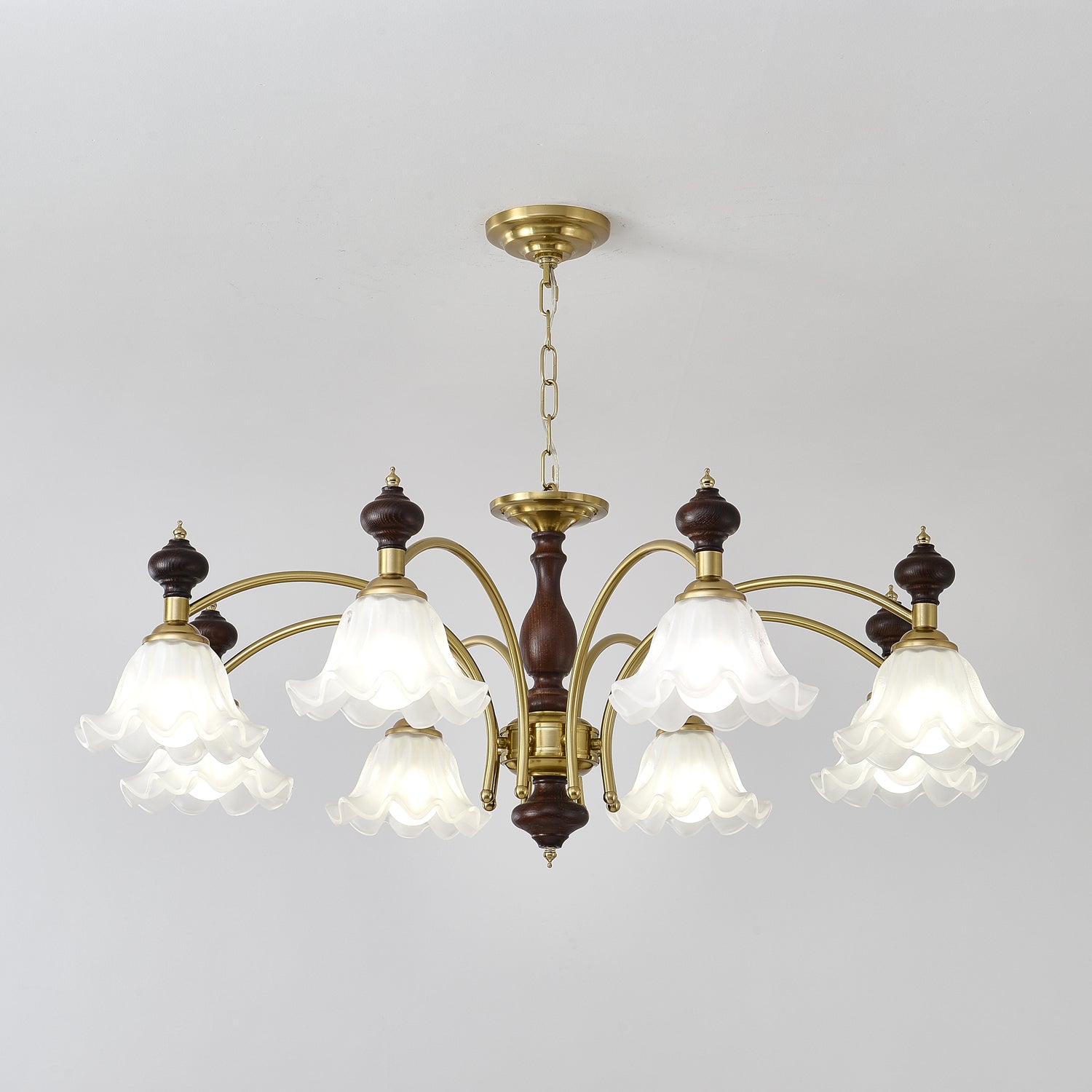 Jesolan Chandelier Wood & Brass Blossom Flowers-Neutral Decor