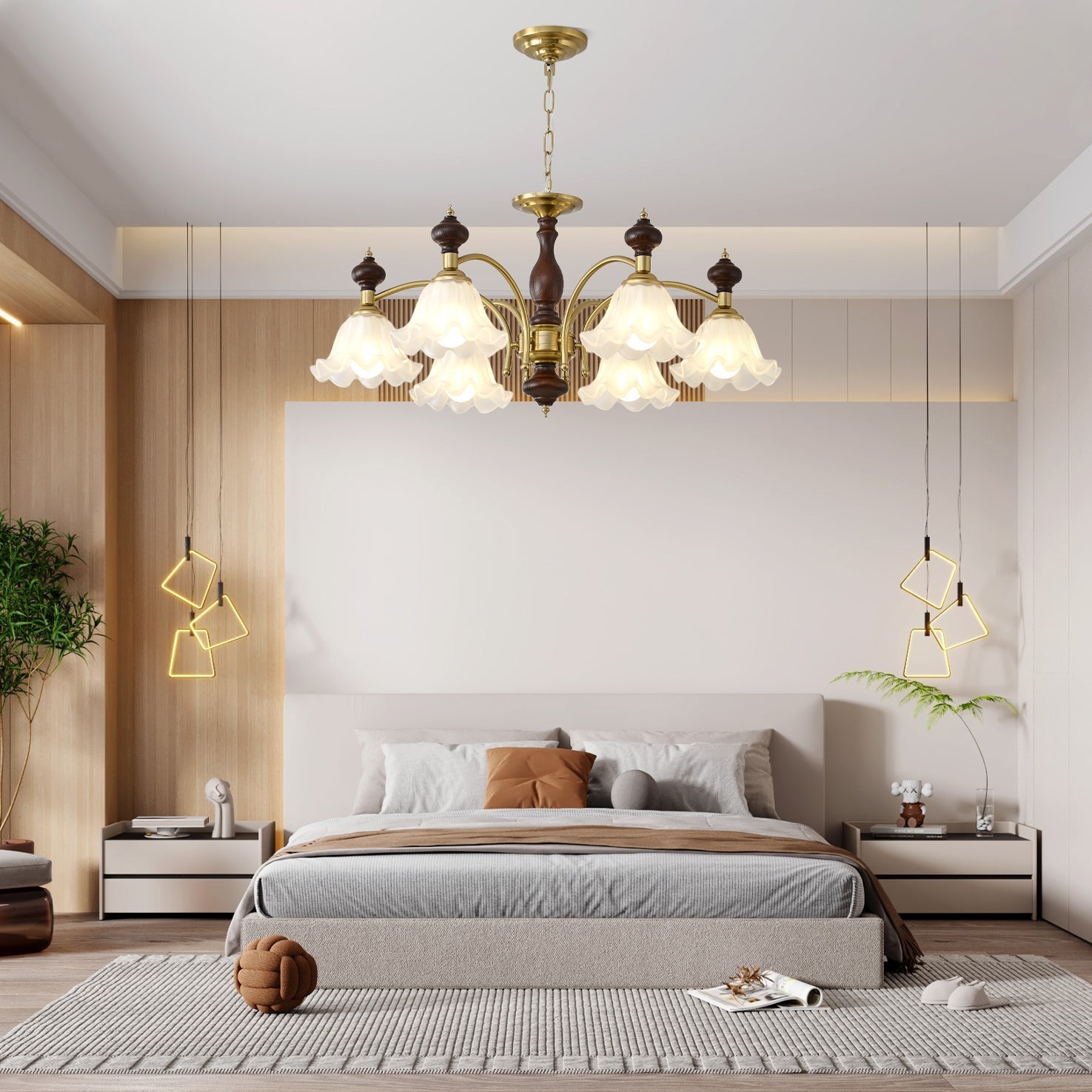 Jesolan Chandelier Wood & Brass Blossom Flowers-Neutral Decor