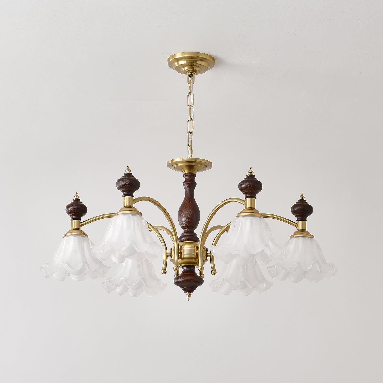 Jesolan Chandelier Wood & Brass Blossom Flowers-Neutral Decor