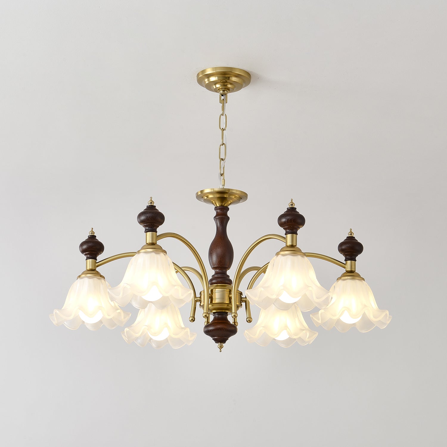 Jesolan Chandelier Wood & Brass Blossom Flowers-Neutral Decor