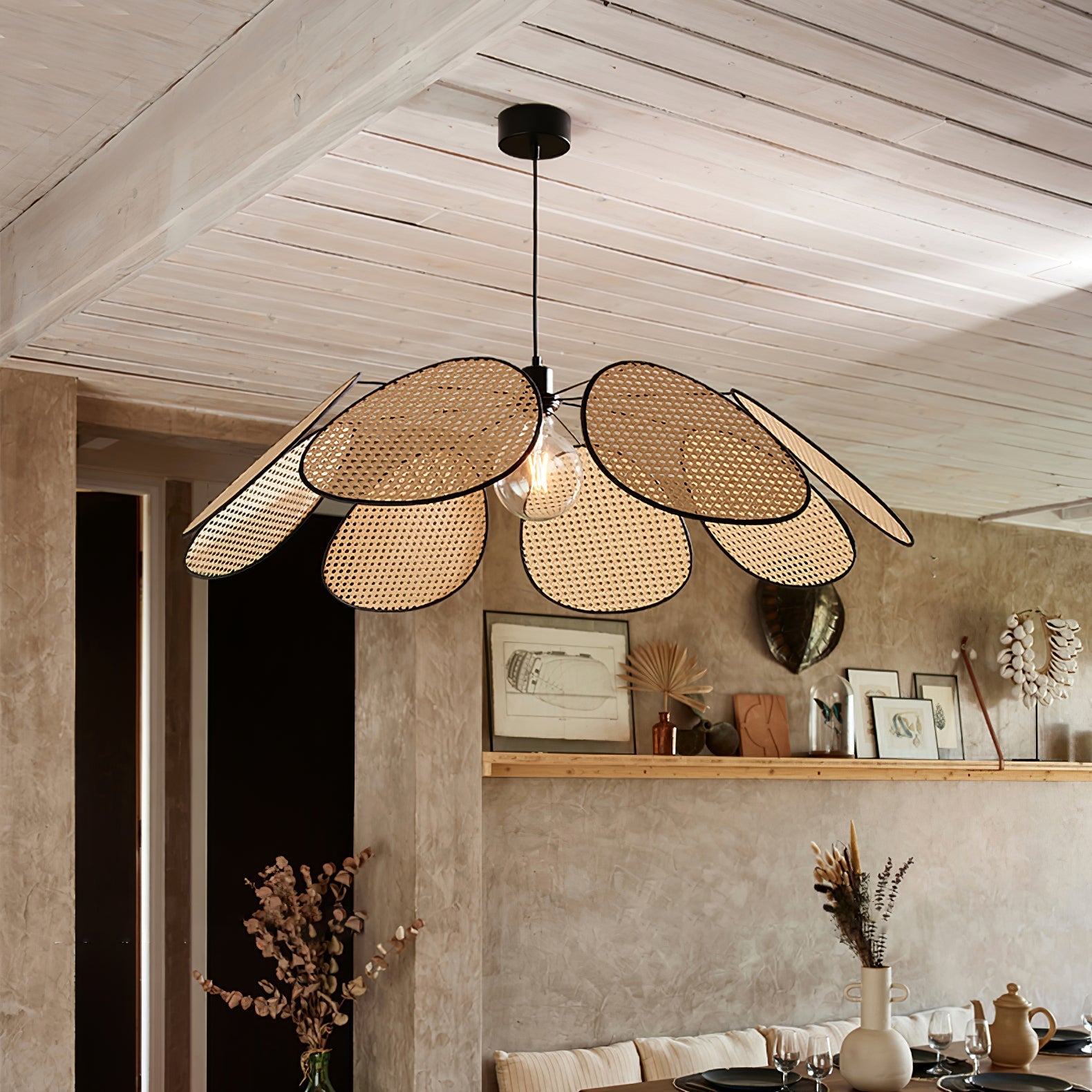 Orvara Blossom Petal Rattan Pendant Lamp-Neutral Decor