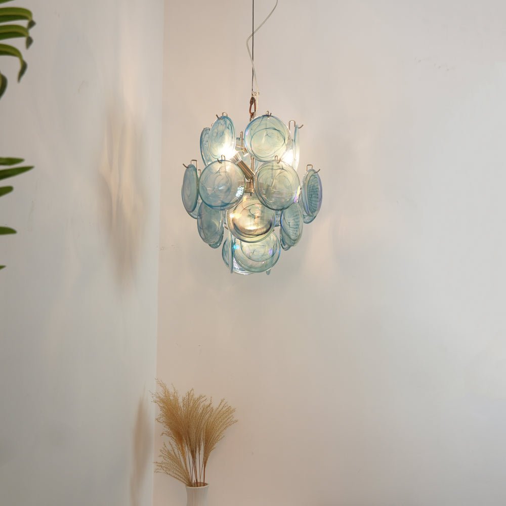 Aurora Chandelier Blue Murano Glass Disc Vintage-Neutral Decor