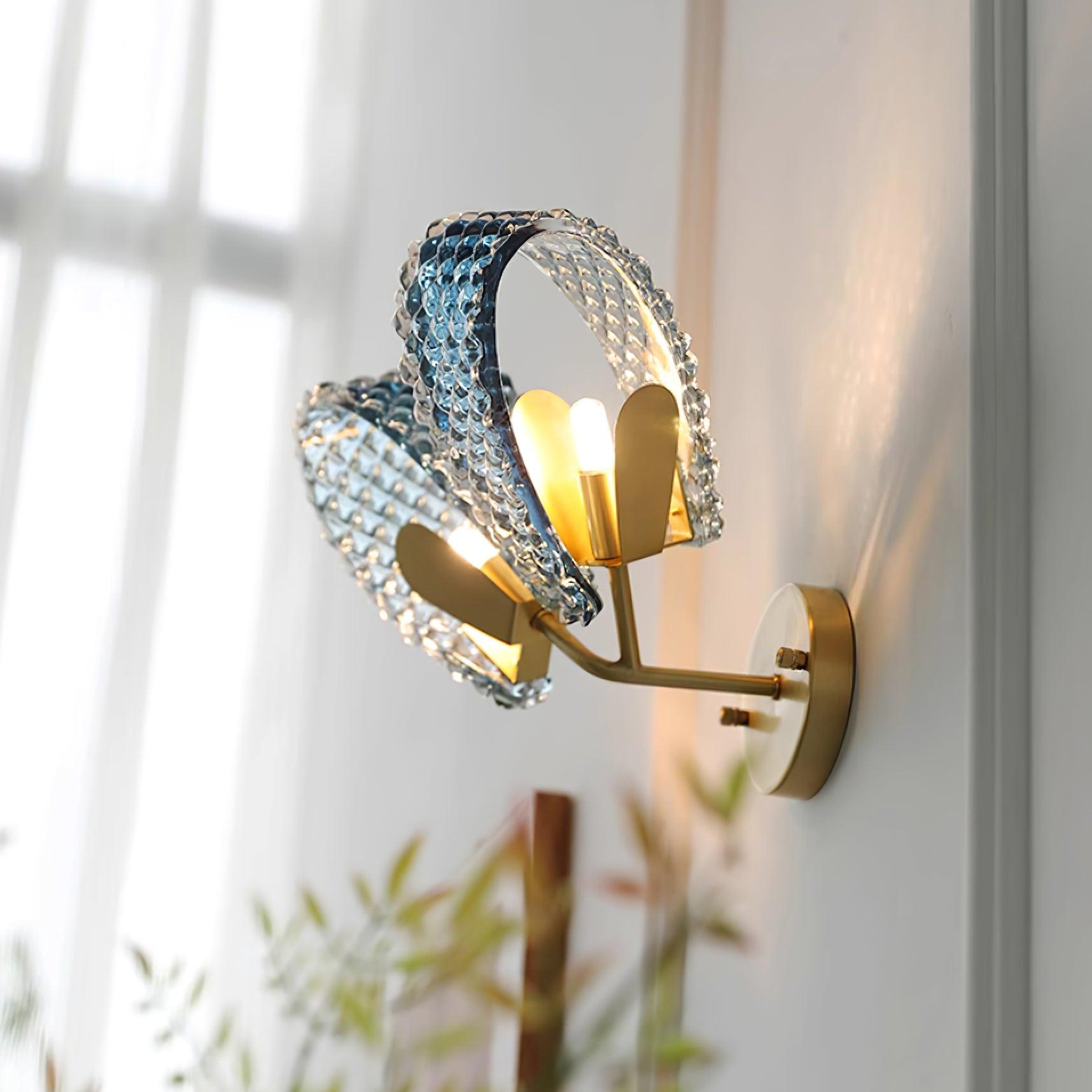 Wall Lamp Blue Ribbed Glass Ribbons Brass