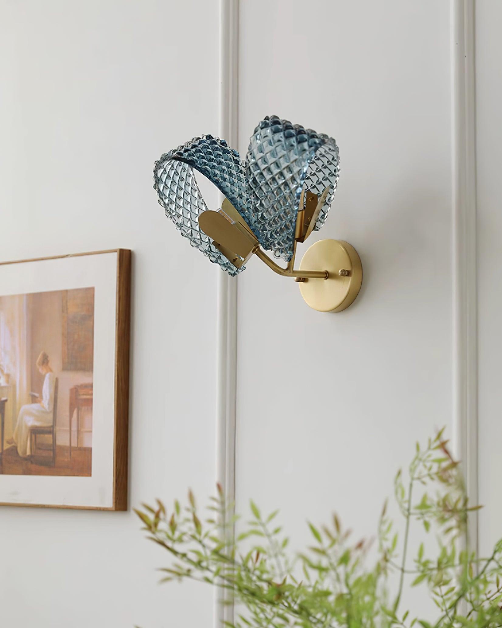Wall Lamp Blue Ribbed Glass Ribbons Brass