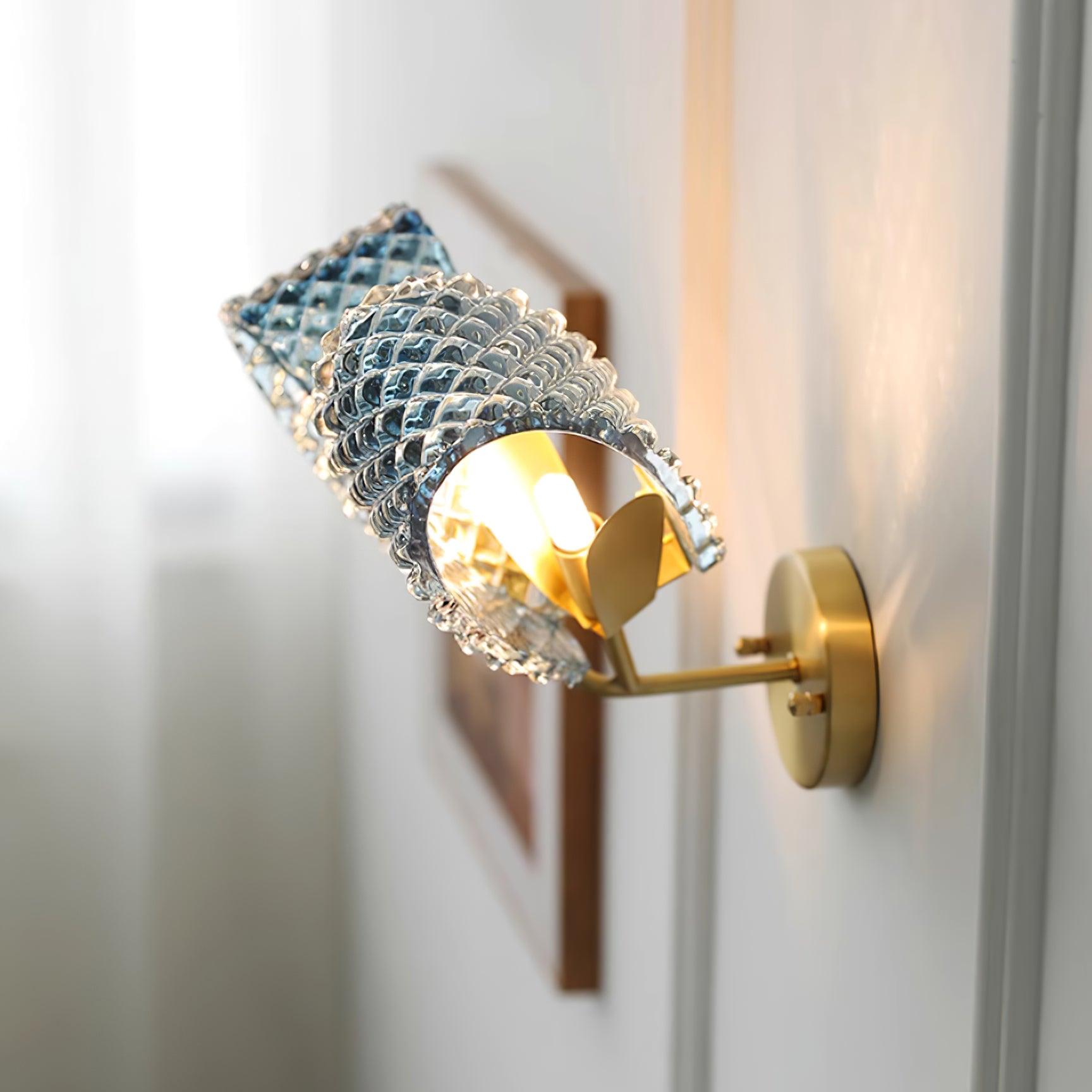 Wall Lamp Blue Ribbed Glass Ribbons Brass