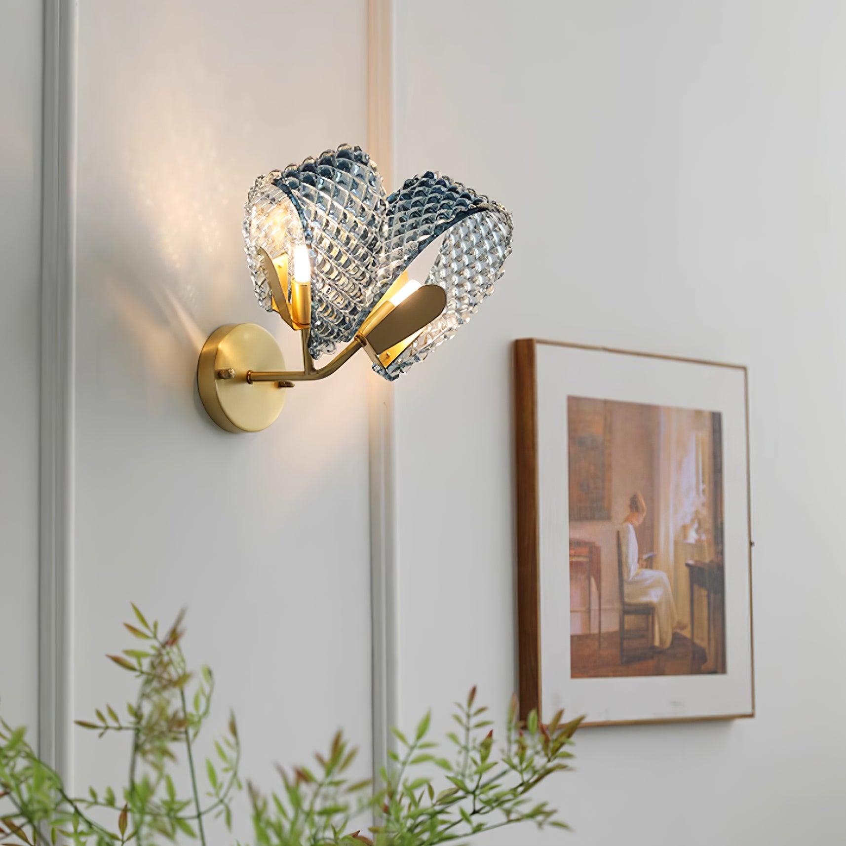Wall Lamp Blue Ribbed Glass Ribbons Brass