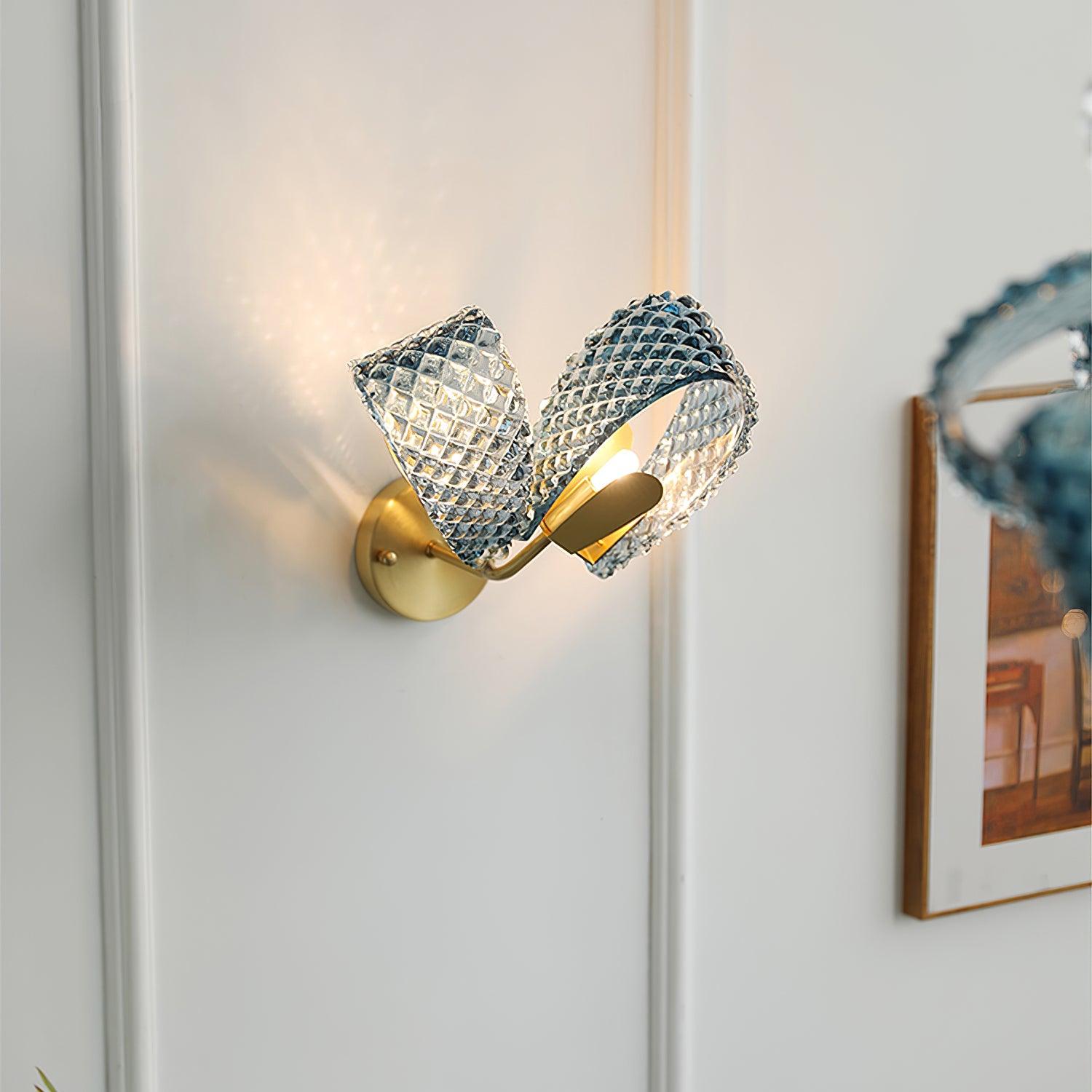 Wall Lamp Blue Ribbed Glass Ribbons Brass