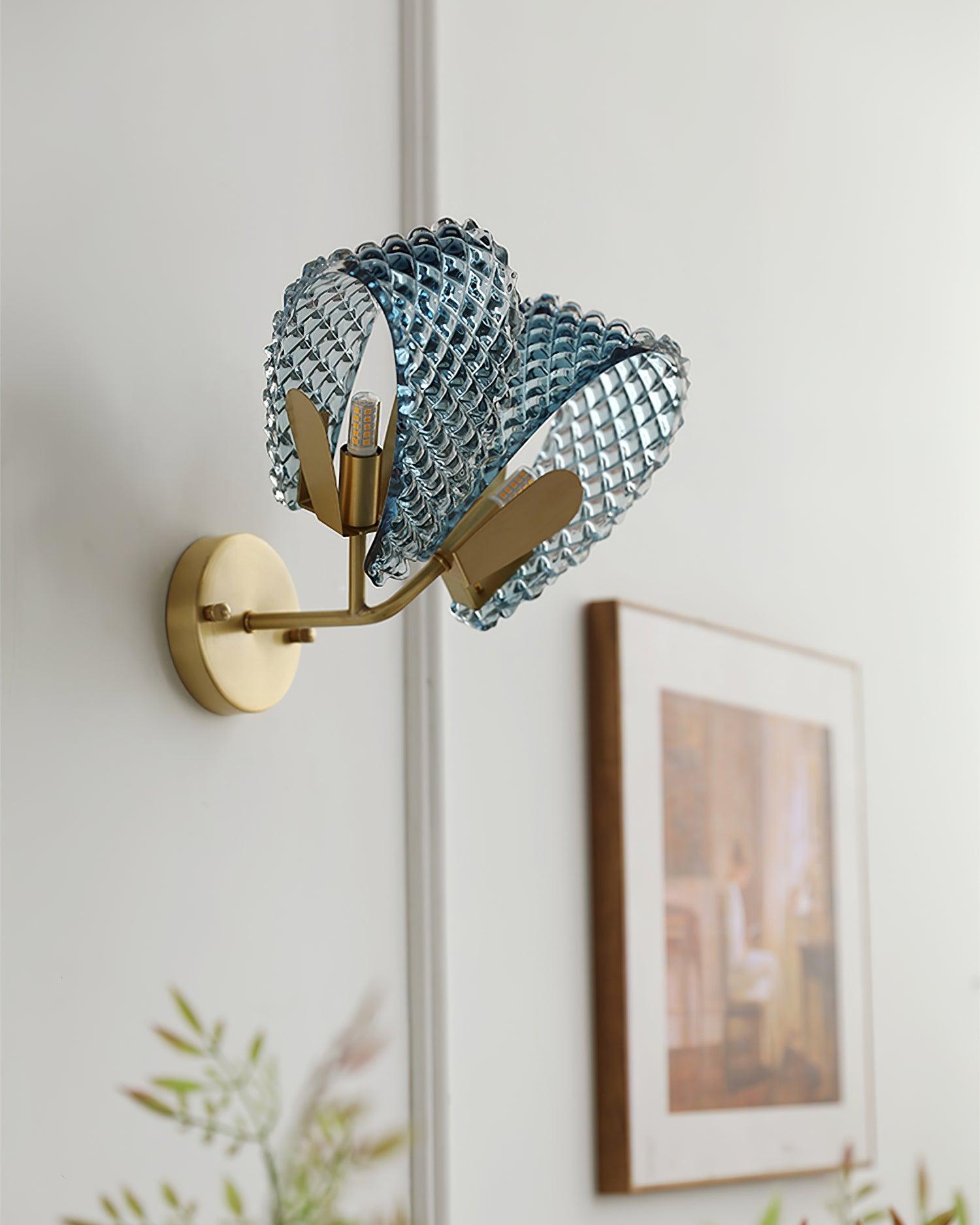 Wall Lamp Blue Ribbed Glass Ribbons Brass