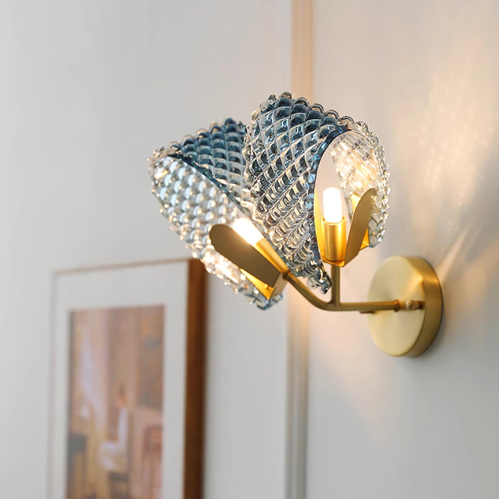Wall Lamp Blue Ribbed Glass Ribbons Brass