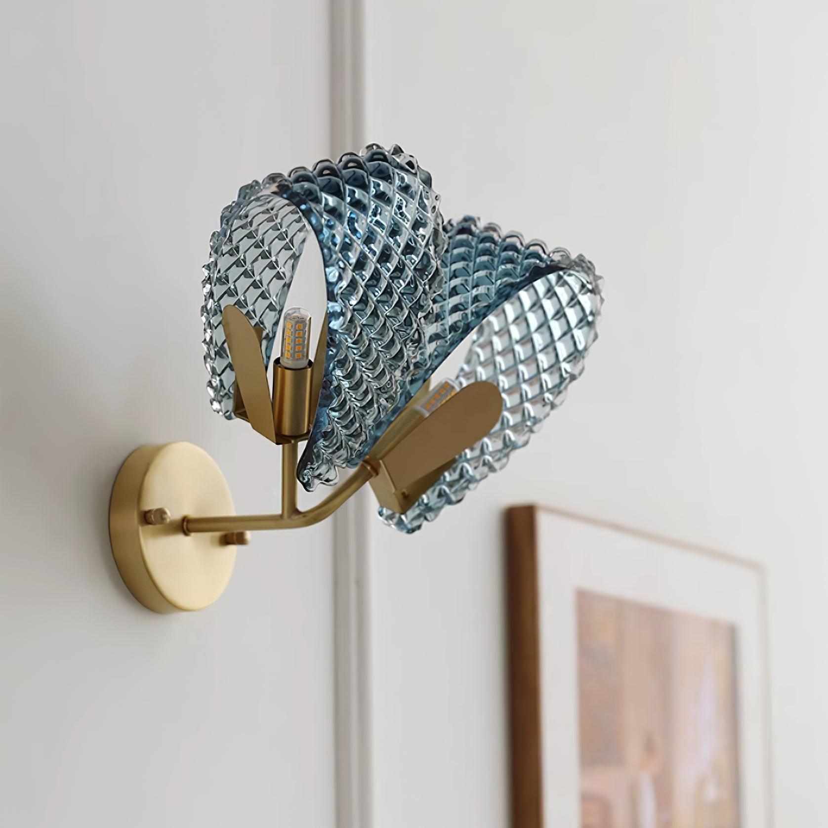 Wall Lamp Blue Ribbed Glass Ribbons Brass