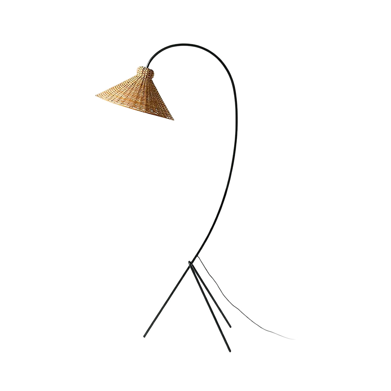 Boa Rattan Floor Lamp with a black metal frame and natural woven shade.