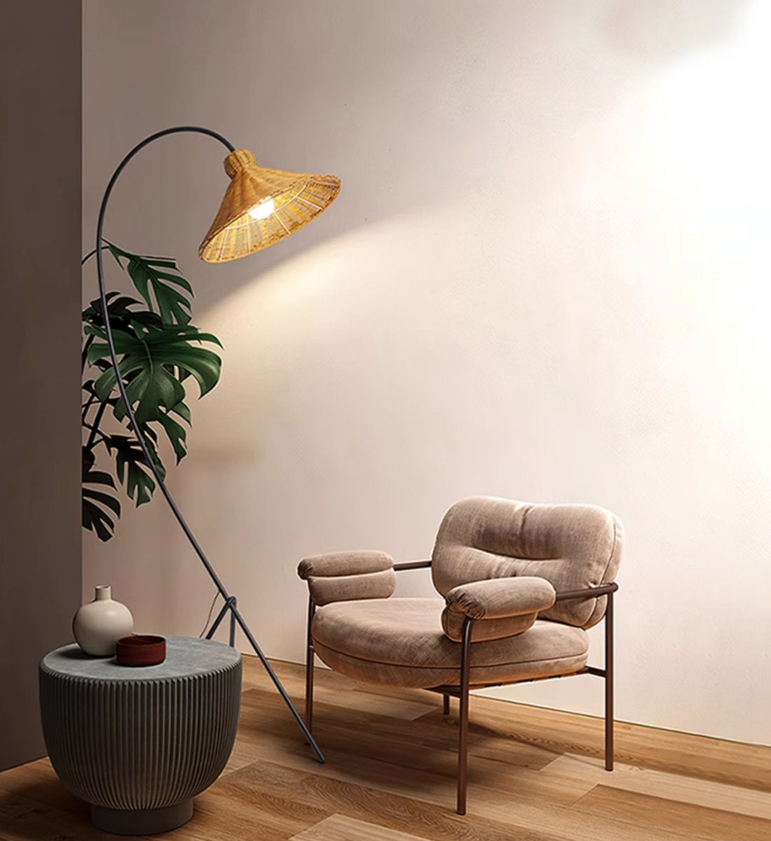 Dimensions of the Boa Rattan Floor Lamp displayed on an image.