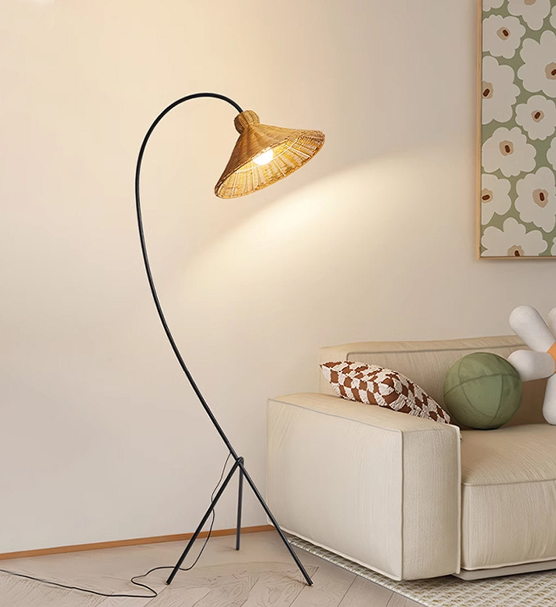 Close-up of the Boa floor lamp's woven rattan lampshade.