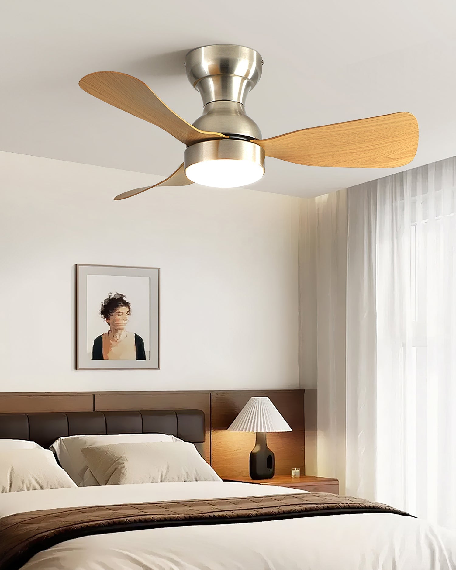Bobe Ceiling Fan Light in wood finish, front view.