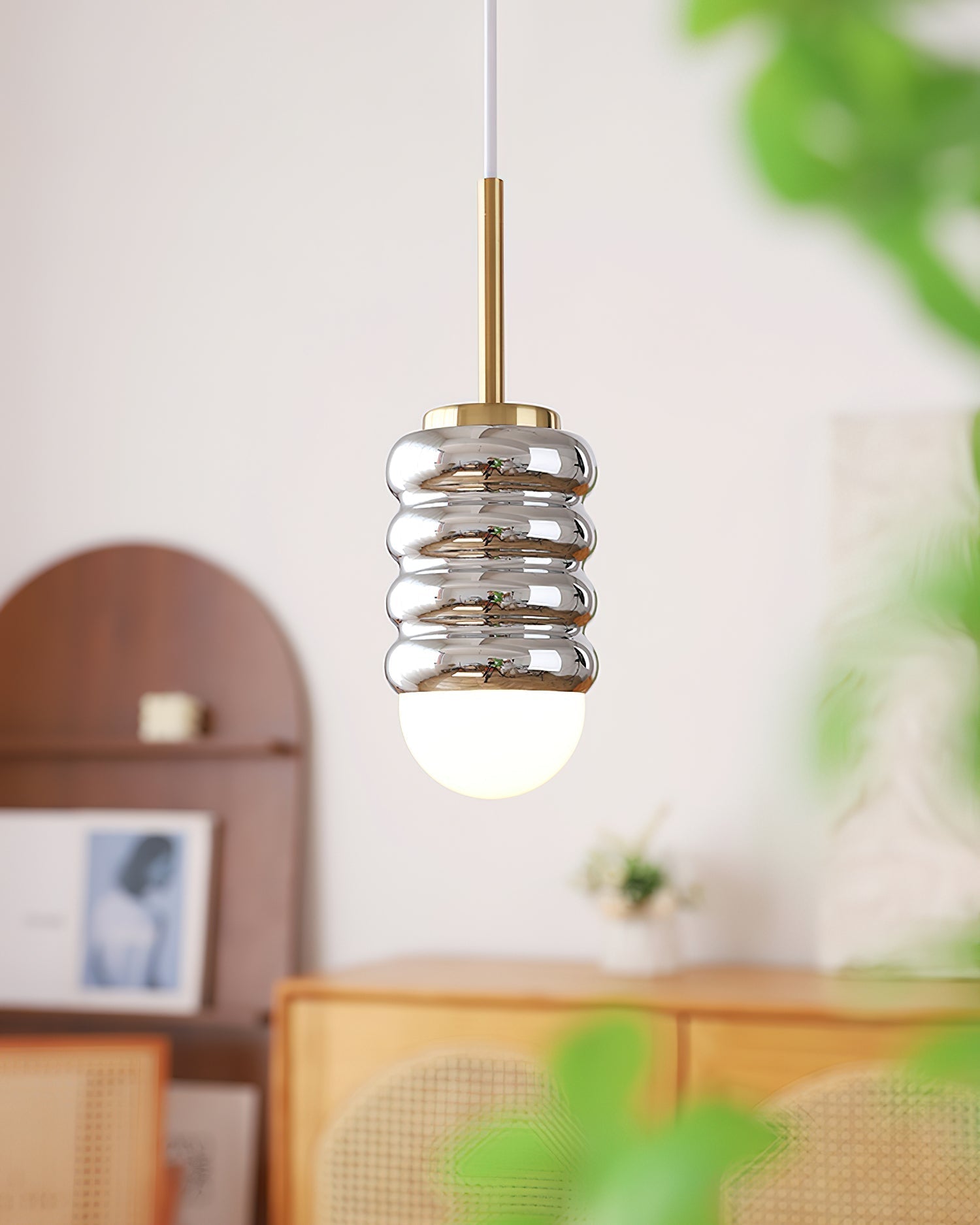 Pendant Light Ribbed Ceramic  Brass Midcentury