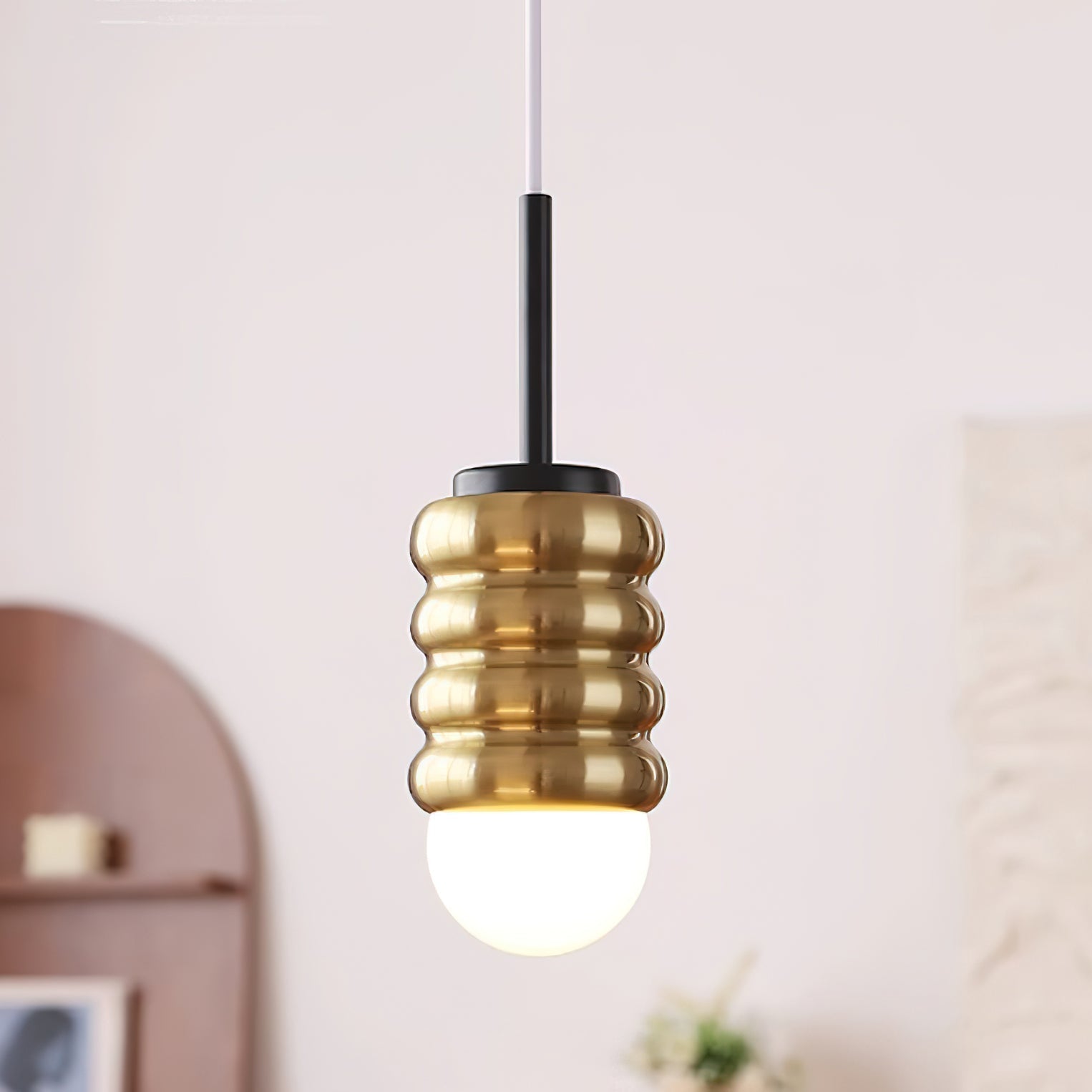Pendant Light Ribbed Ceramic  Brass Midcentury
