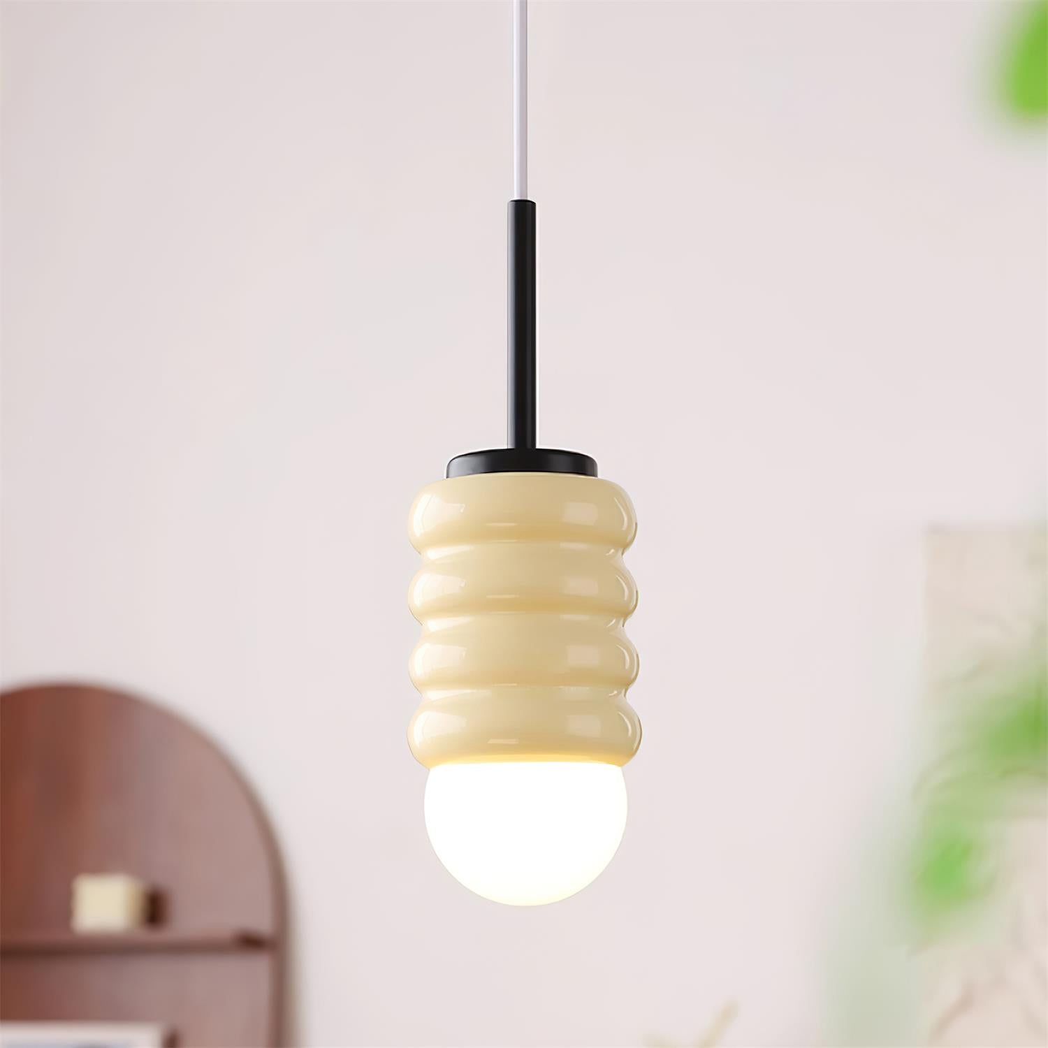 Pendant Light Ribbed Ceramic  Brass Midcentury