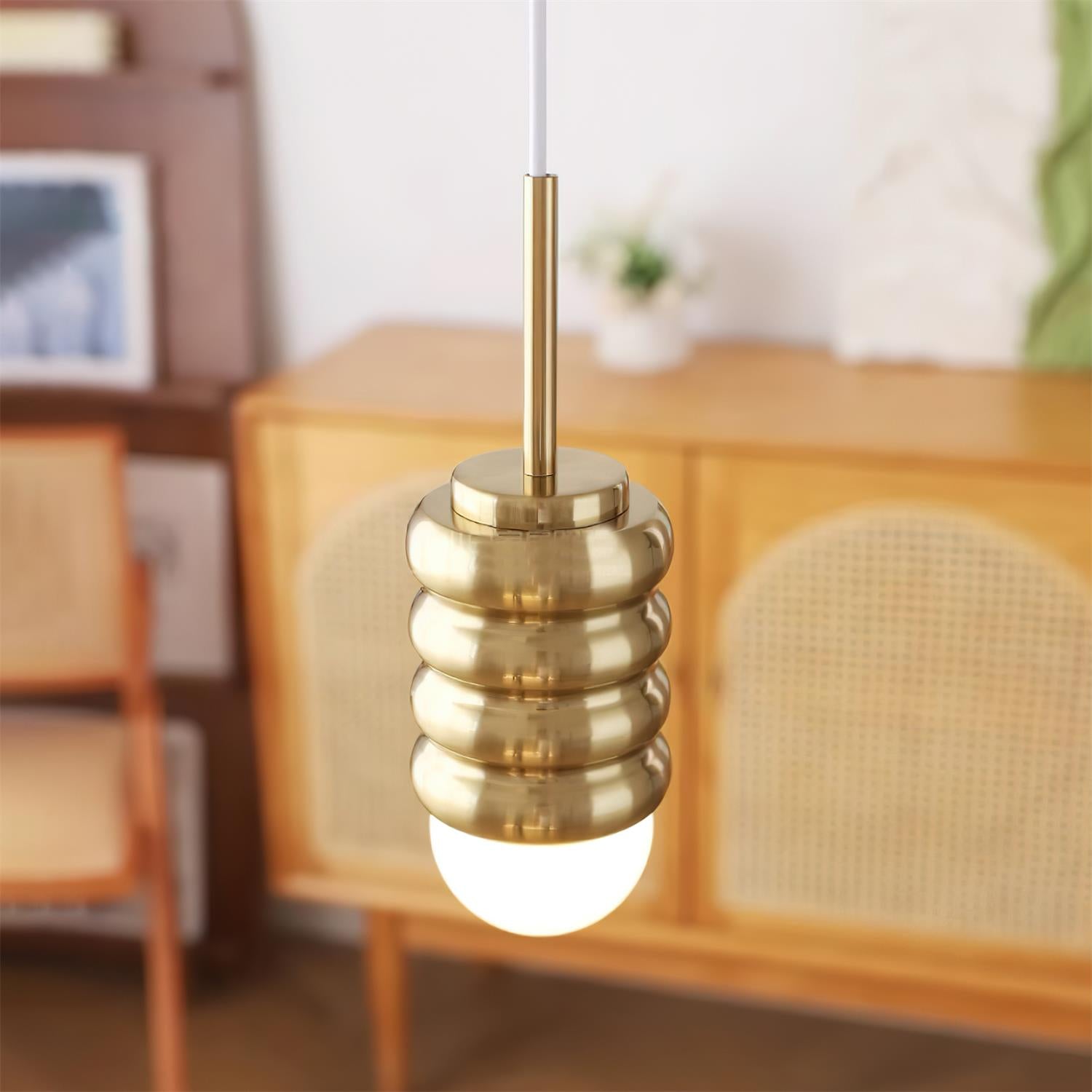 Pendant Light Ribbed Ceramic  Brass Midcentury