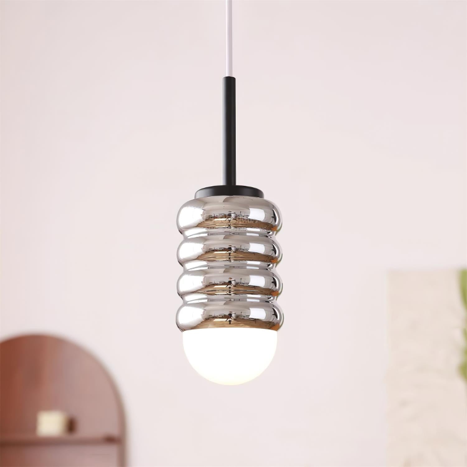 Pendant Light Ribbed Ceramic  Brass Midcentury