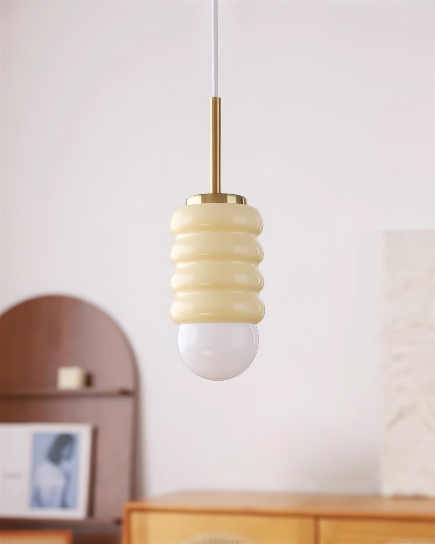 Pendant Light Ribbed Ceramic  Brass Midcentury