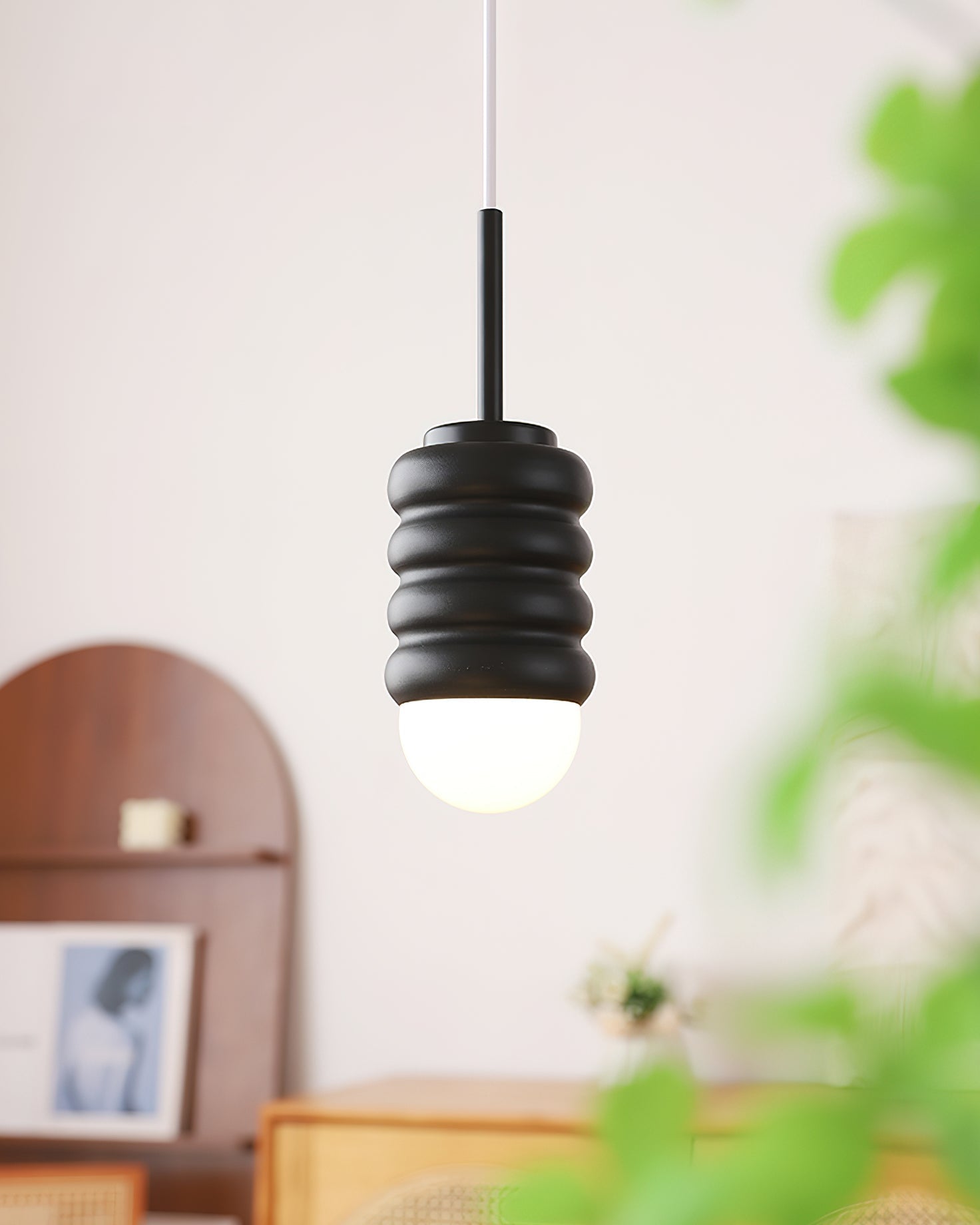 Pendant Light Ribbed Ceramic  Brass Midcentury