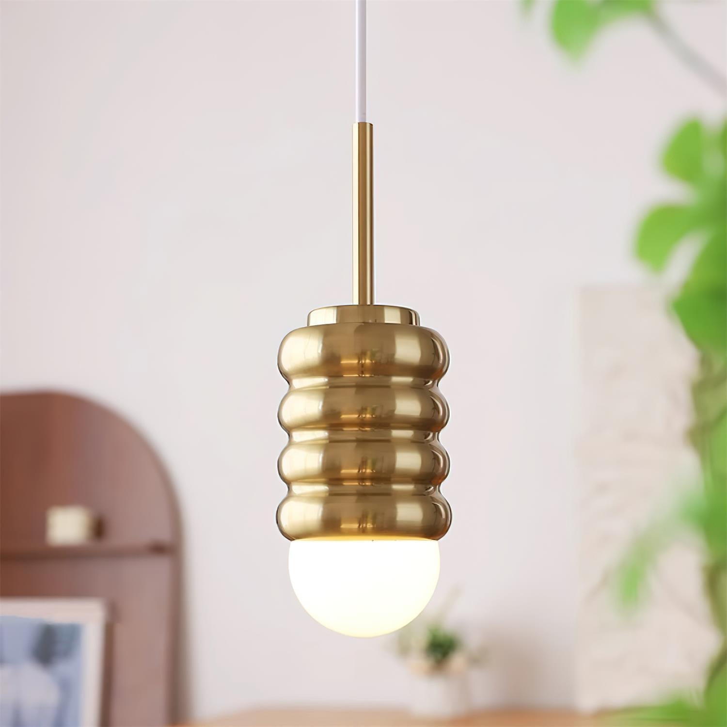 Pendant Light Ribbed Ceramic  Brass Midcentury