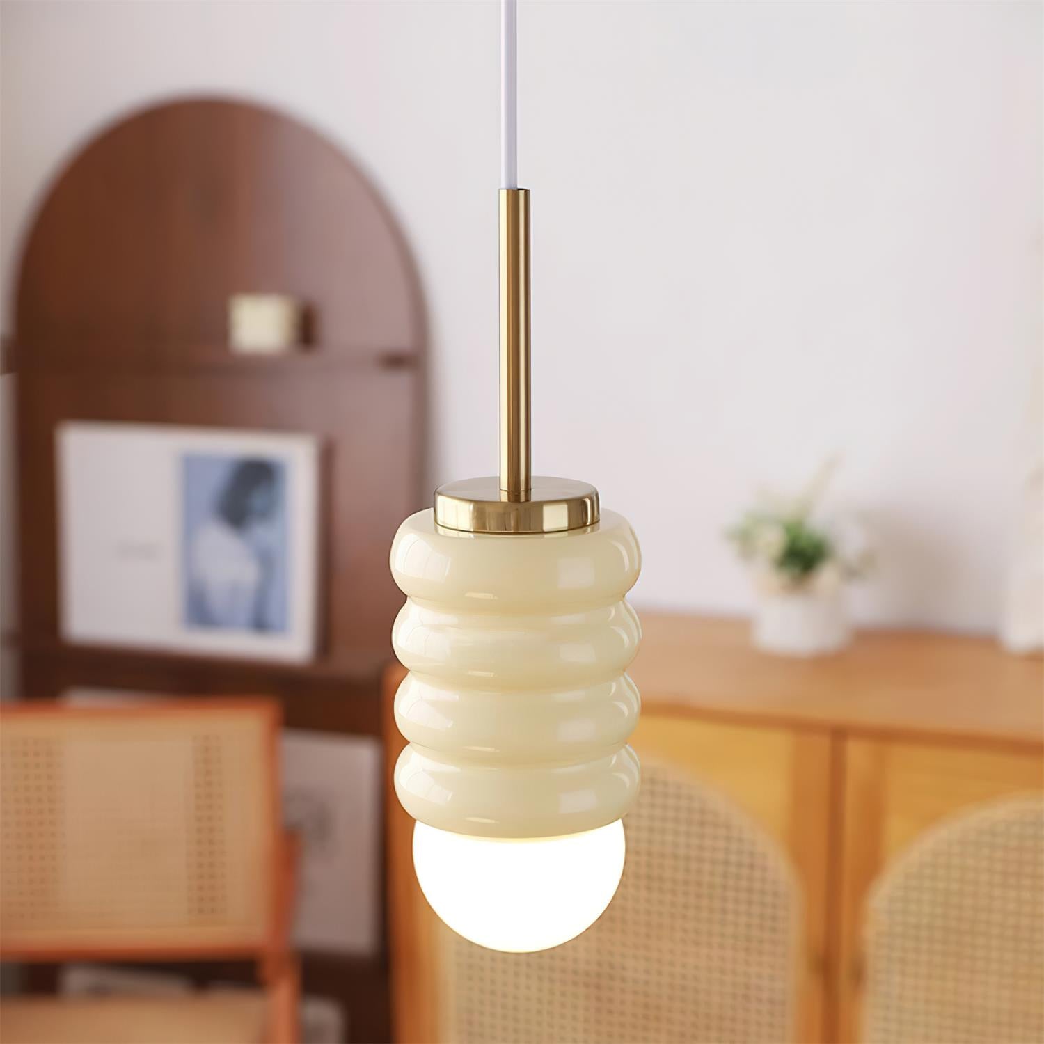 Pendant Light Ribbed Ceramic  Brass Midcentury