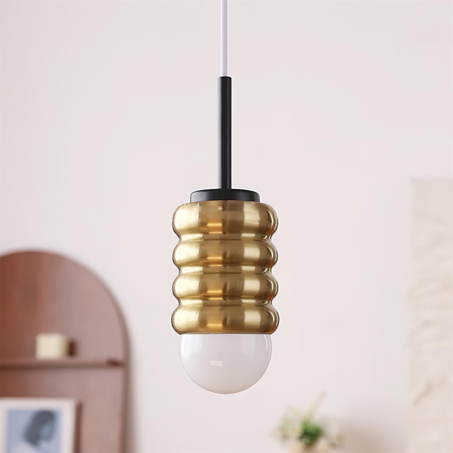 Pendant Light Ribbed Ceramic  Brass Midcentury