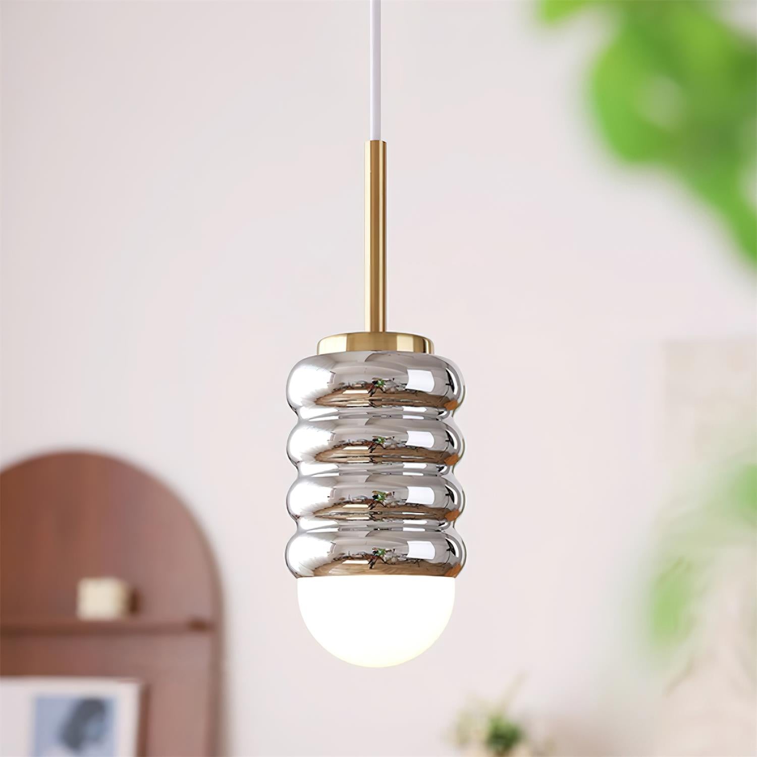 Pendant Light Ribbed Ceramic  Brass Midcentury