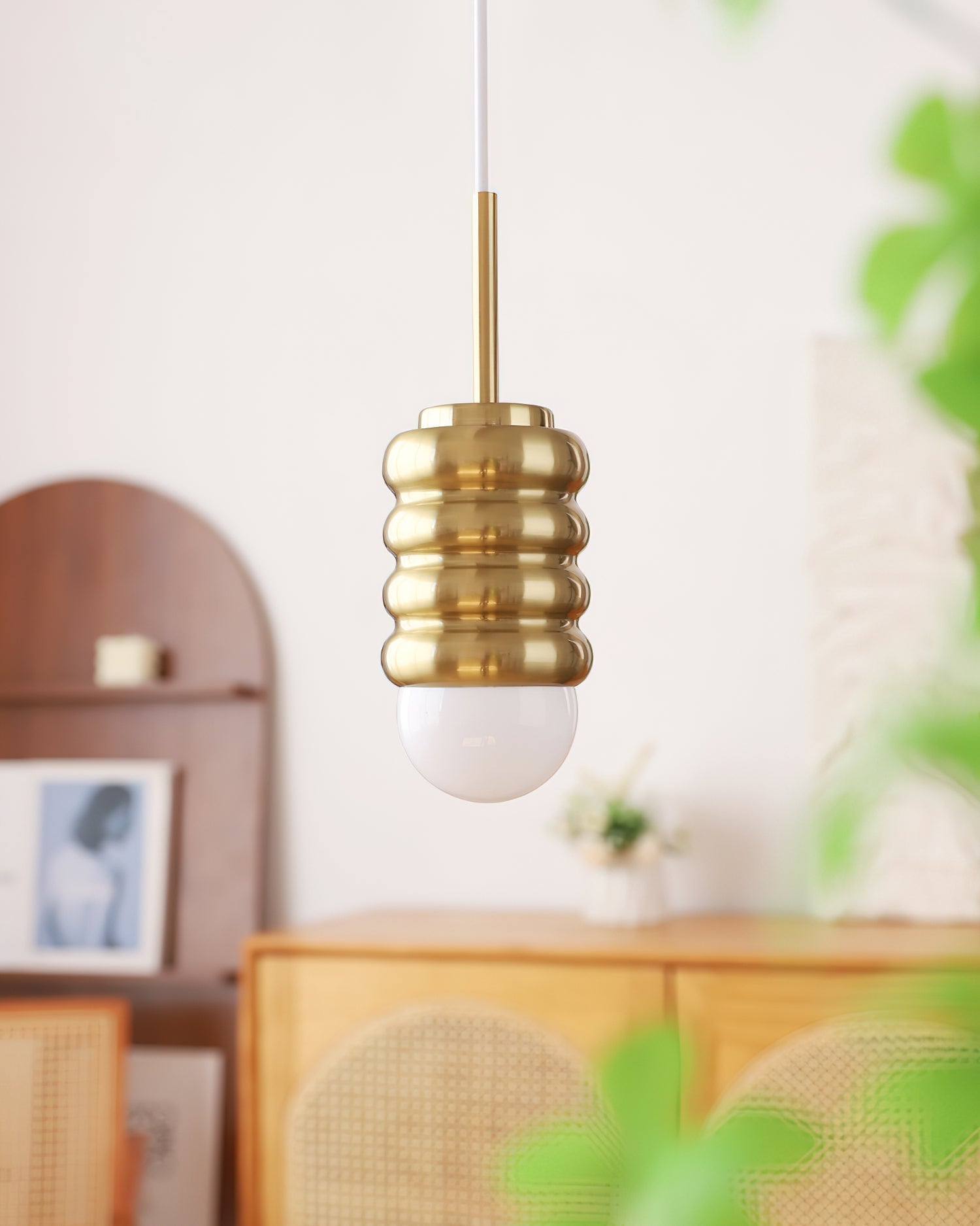 Pendant Light Ribbed Ceramic  Brass Midcentury