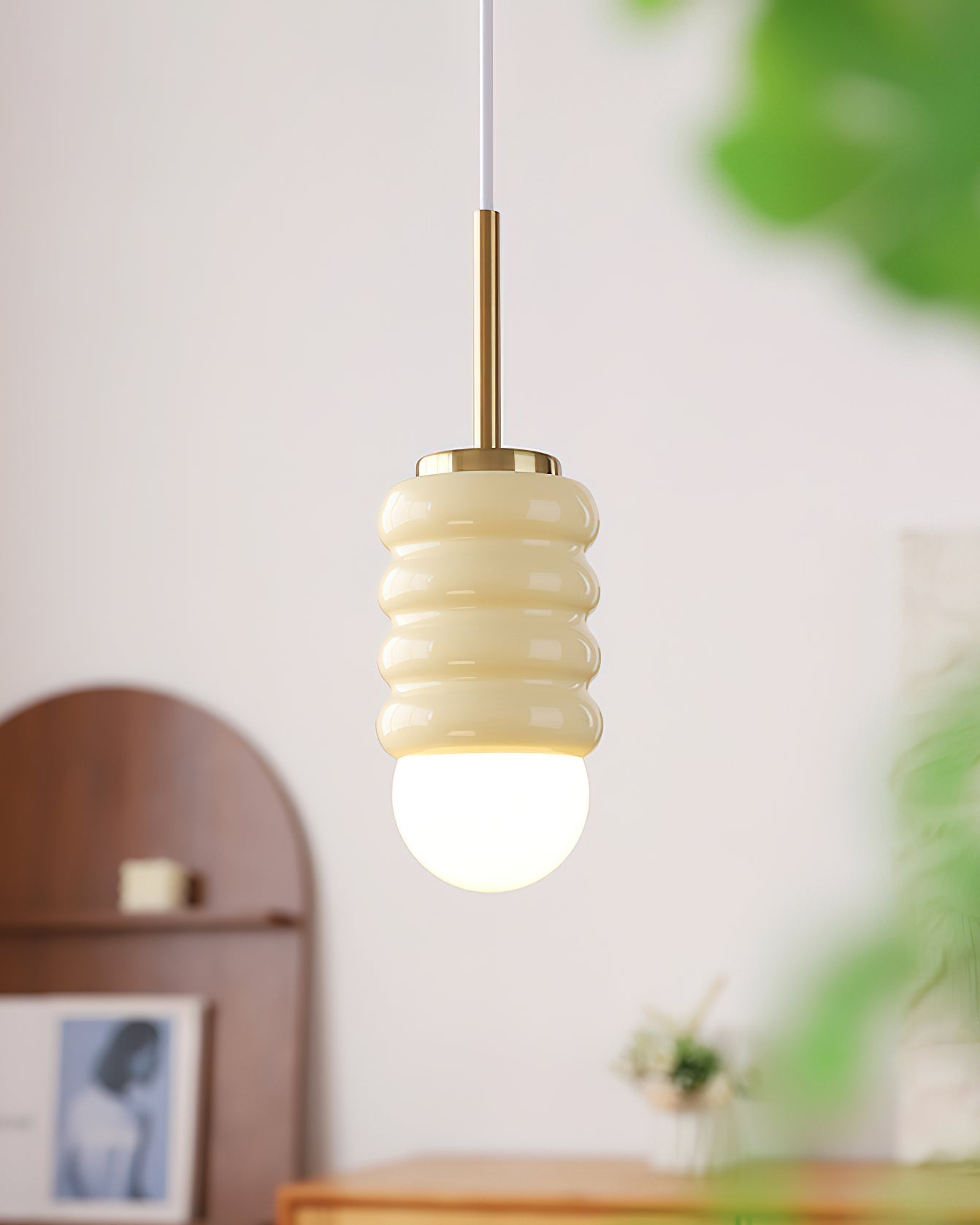 Pendant Light Ribbed Ceramic  Brass Midcentury