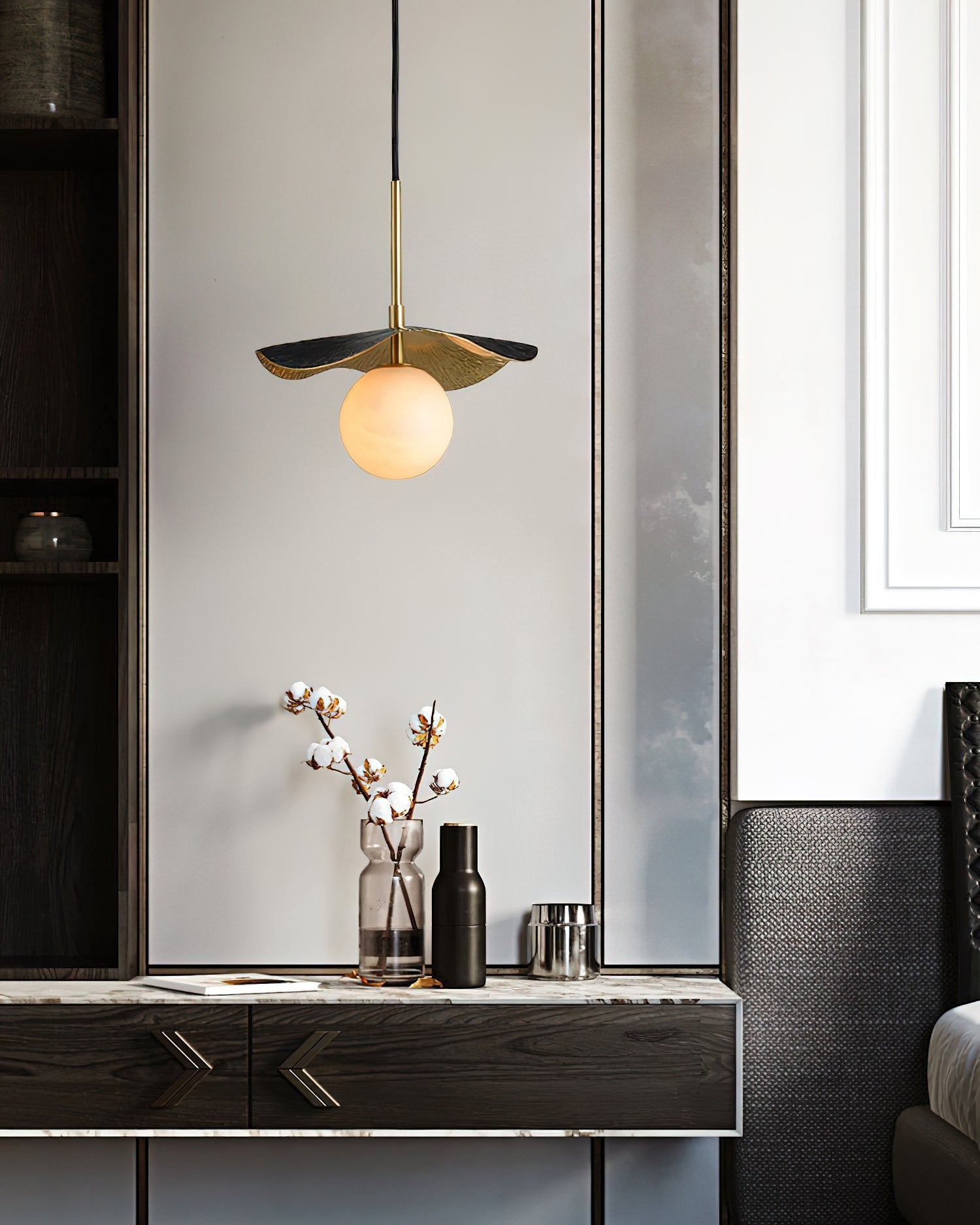 The Bonnie Alabaster Pendant Lamp shown in a modern living room setting.