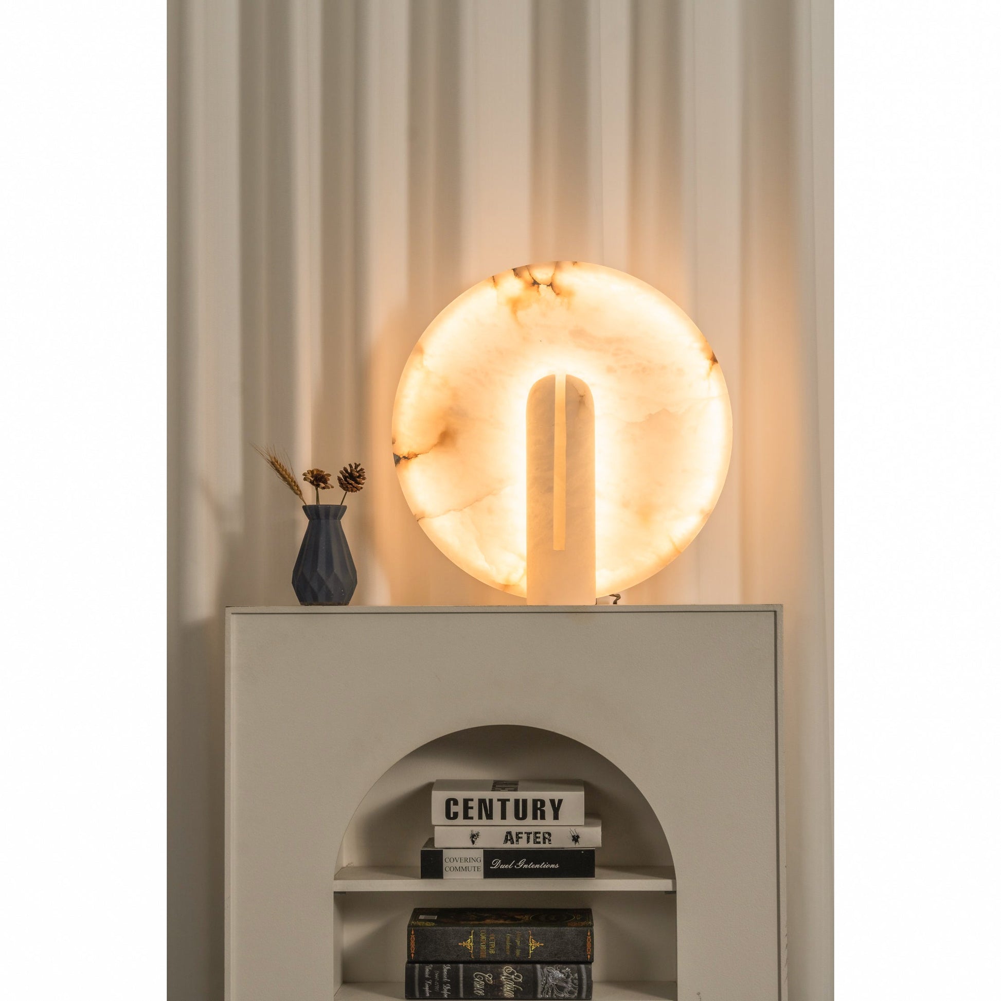 The spherical lamp from a distance in a decorated room.