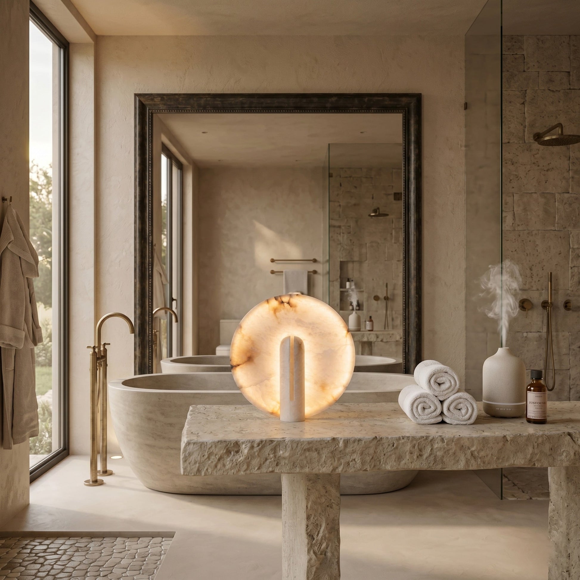 Angled view of the spherical alabaster table lamp.