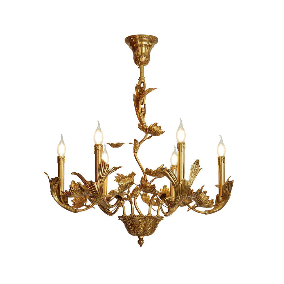 Borgia Brass Chandelier with leaf motif in a dining room setting.