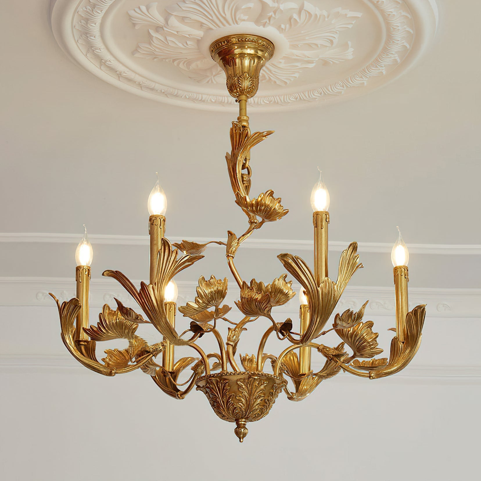 Low-angle shot of the Borgia Chandelier, emphasizing its height.
