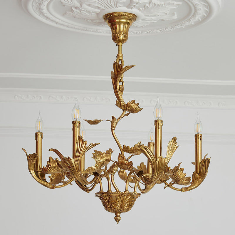 Unlit view of the chandelier showcasing the detailed brass finish.