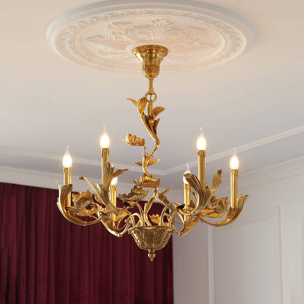Close-up of the intricate brass leaf details on the Borgia Chandelier.