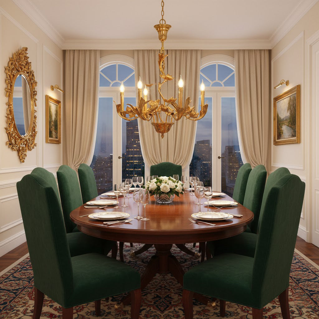 Angled view of the 8-head chandelier, highlighting its grand structure.