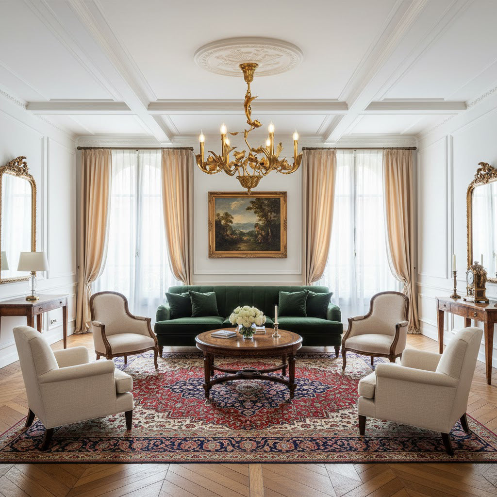 The chandelier hanging in a luxurious, classically styled entrance hall.