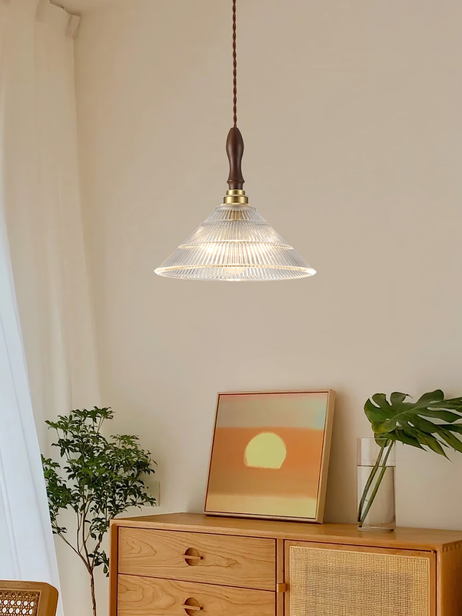 Arcara Vintage Ripple Glass Wood Pendant Lamp-Neutral Decor