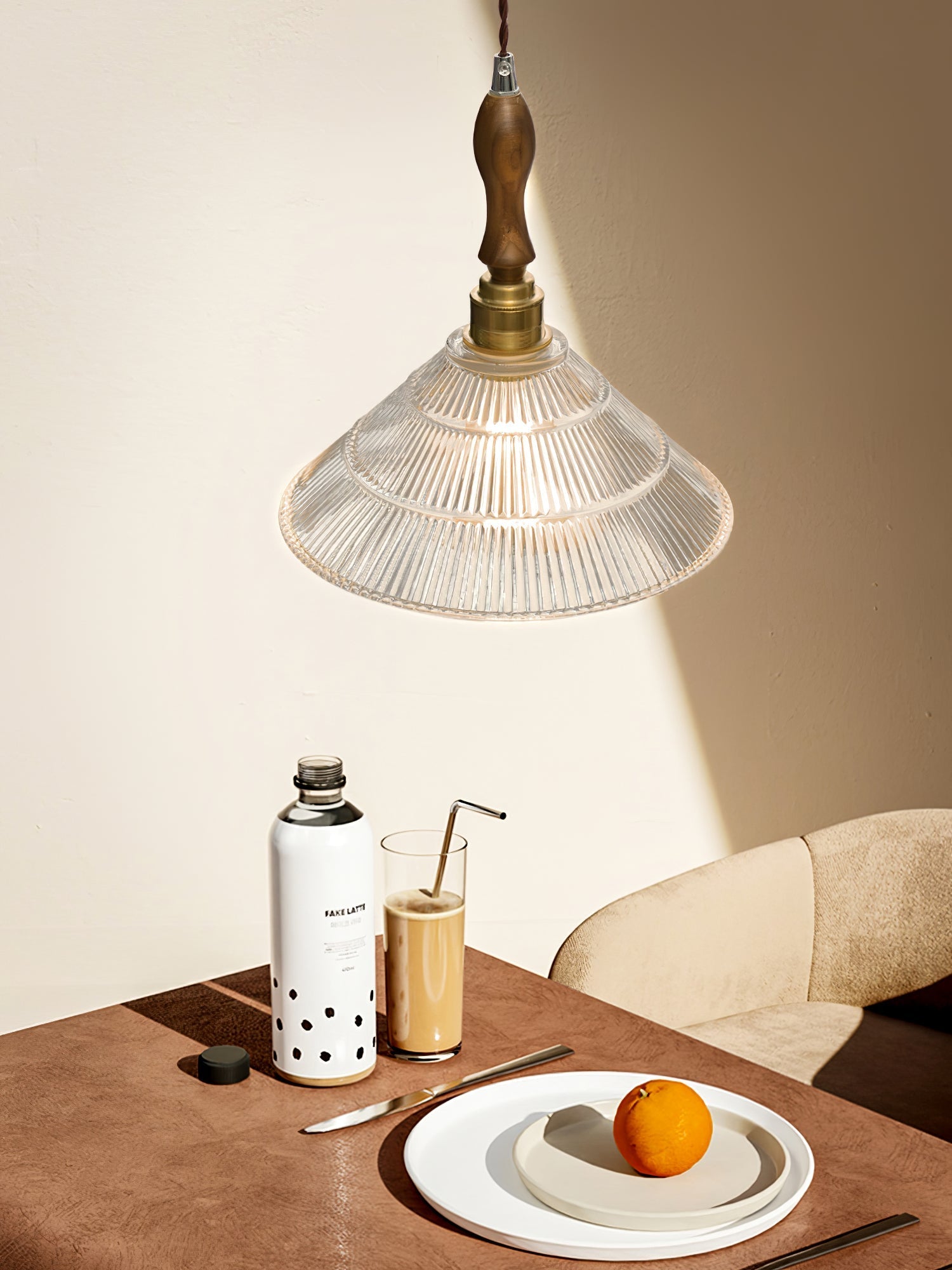 Arcara Vintage Ripple Glass Wood Pendant Lamp-Neutral Decor