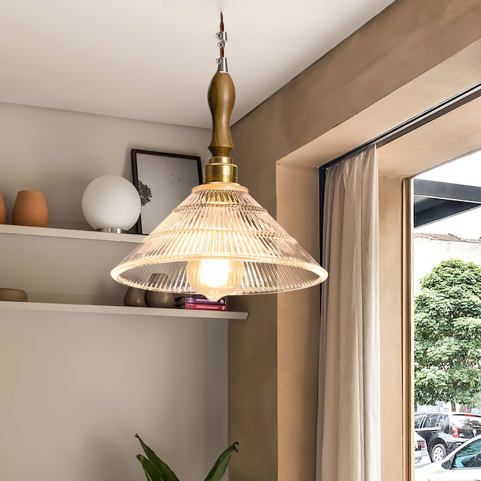 Arcara Vintage Ripple Glass Wood Pendant Lamp-Neutral Decor