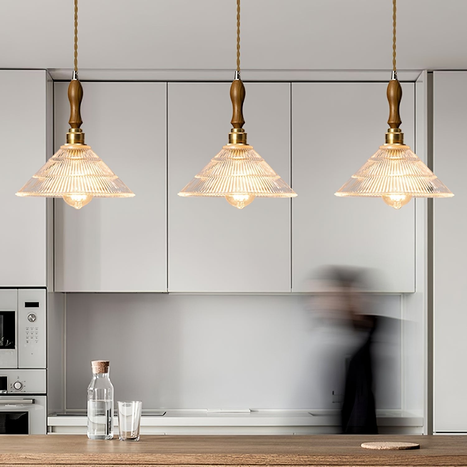 Arcara Vintage Ripple Glass Wood Pendant Lamp-Neutral Decor
