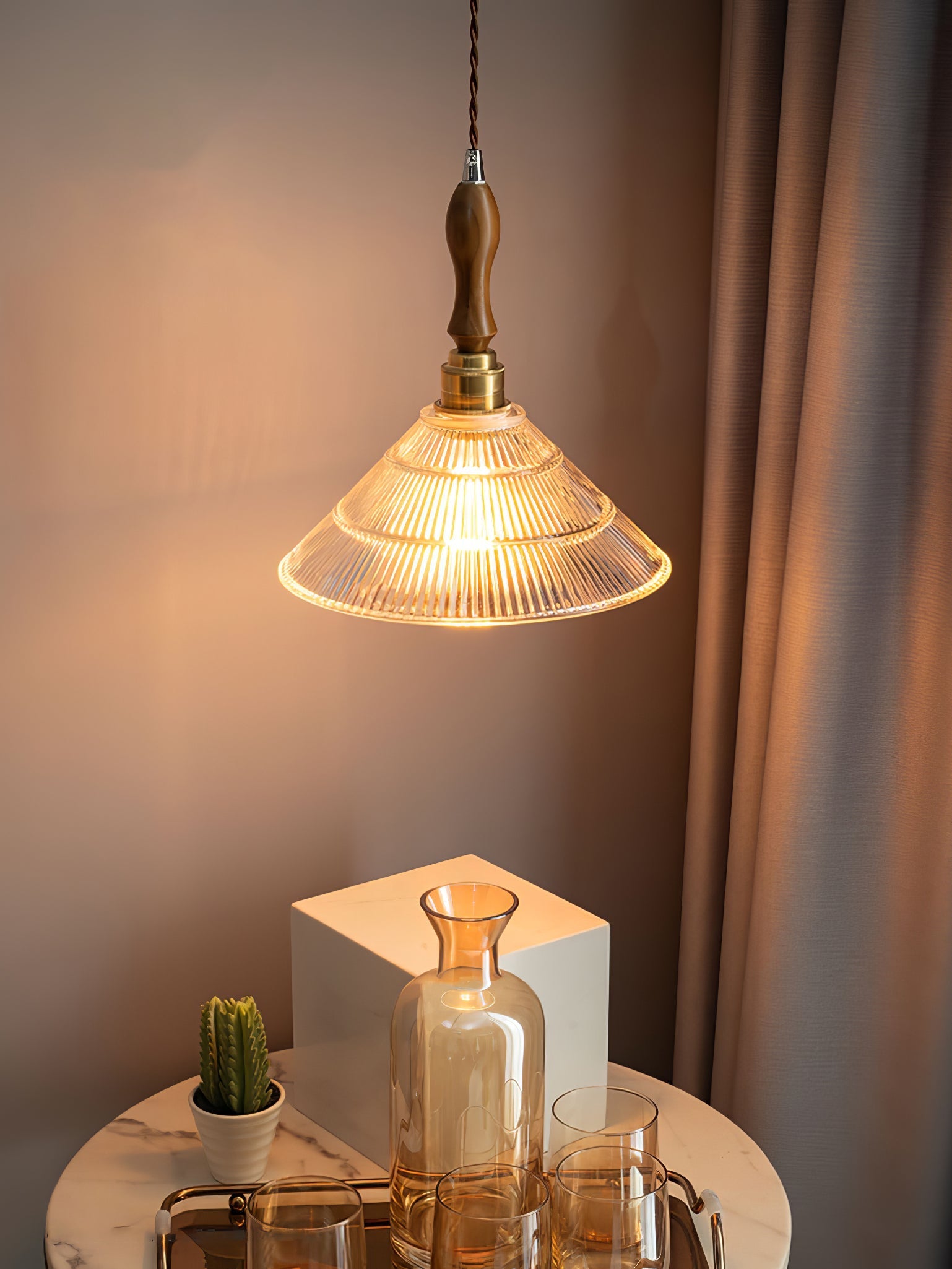 Arcara Vintage Ripple Glass Wood Pendant Lamp-Neutral Decor